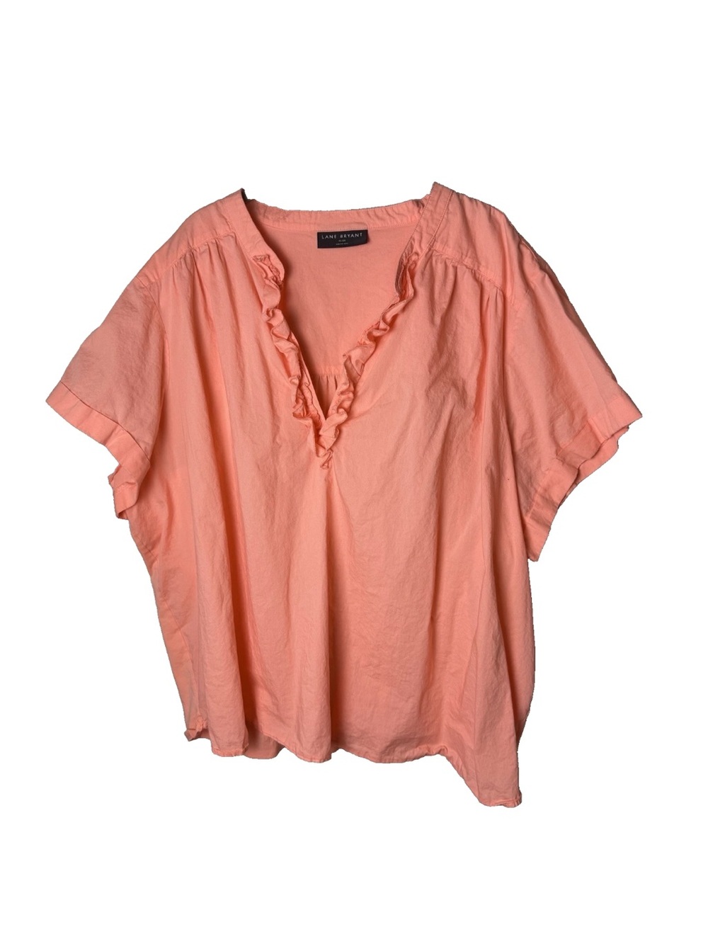 Lane Bryant Blouse Plus Size 26 28 Coral Ruffle Neck Flowy Short Sleeves V Neck